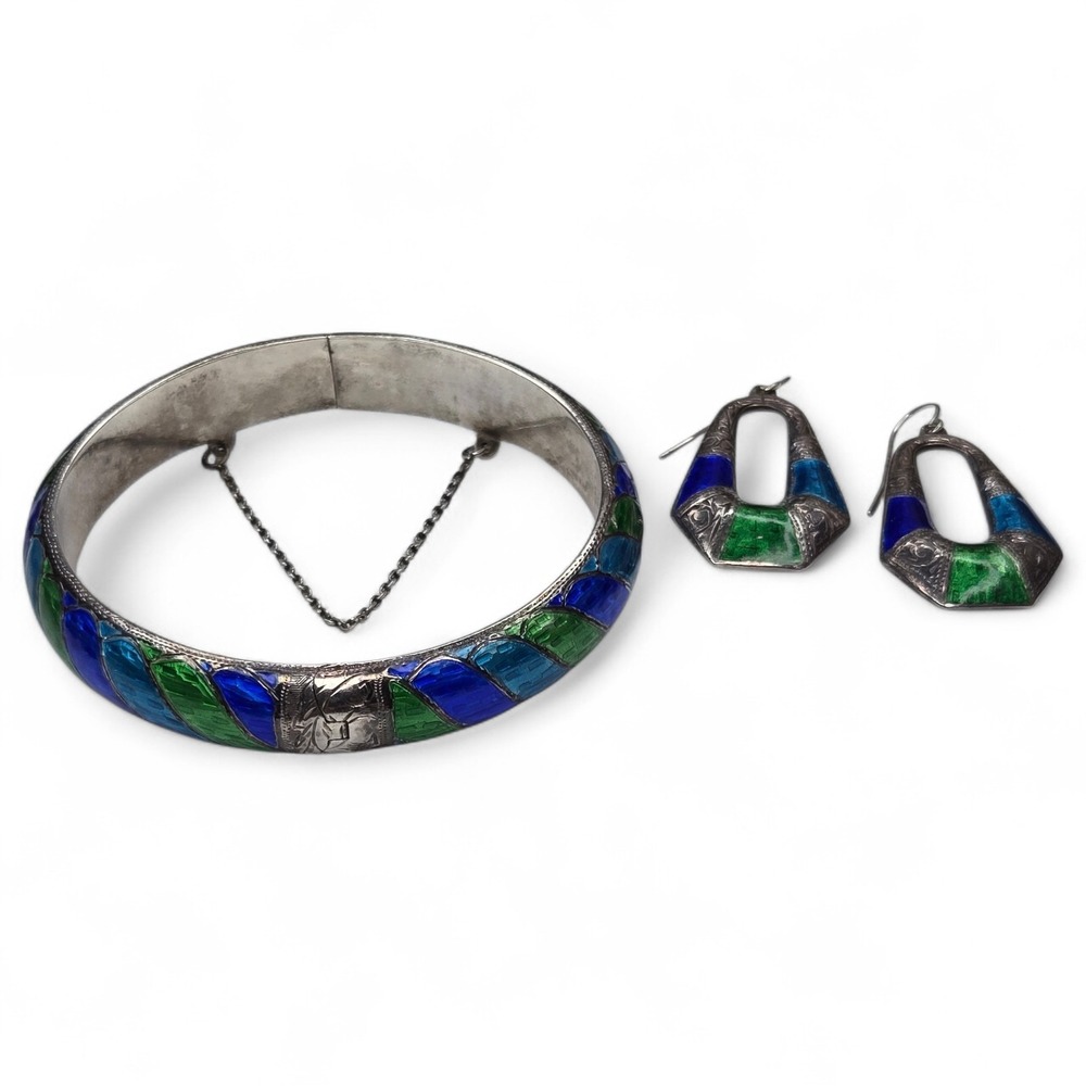 Vintage Sterling Silver 925 Enamel Blue Green Hinged Bangle Bracelet Earring Set - Picture 13 of 13